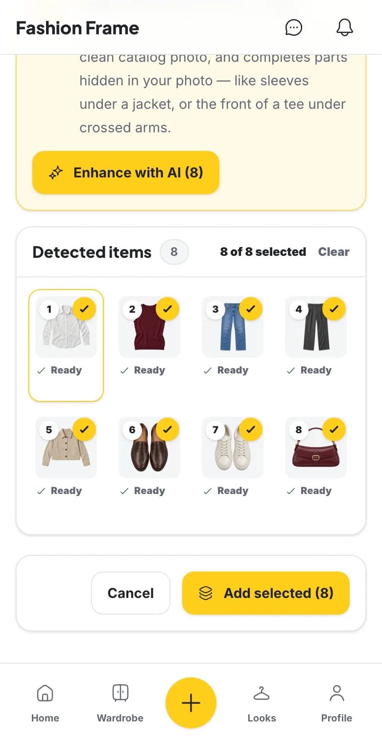 A flat-lay photo is added, Fashion Frame finds eight garments on it and lists each as a clean cut-out ready to add