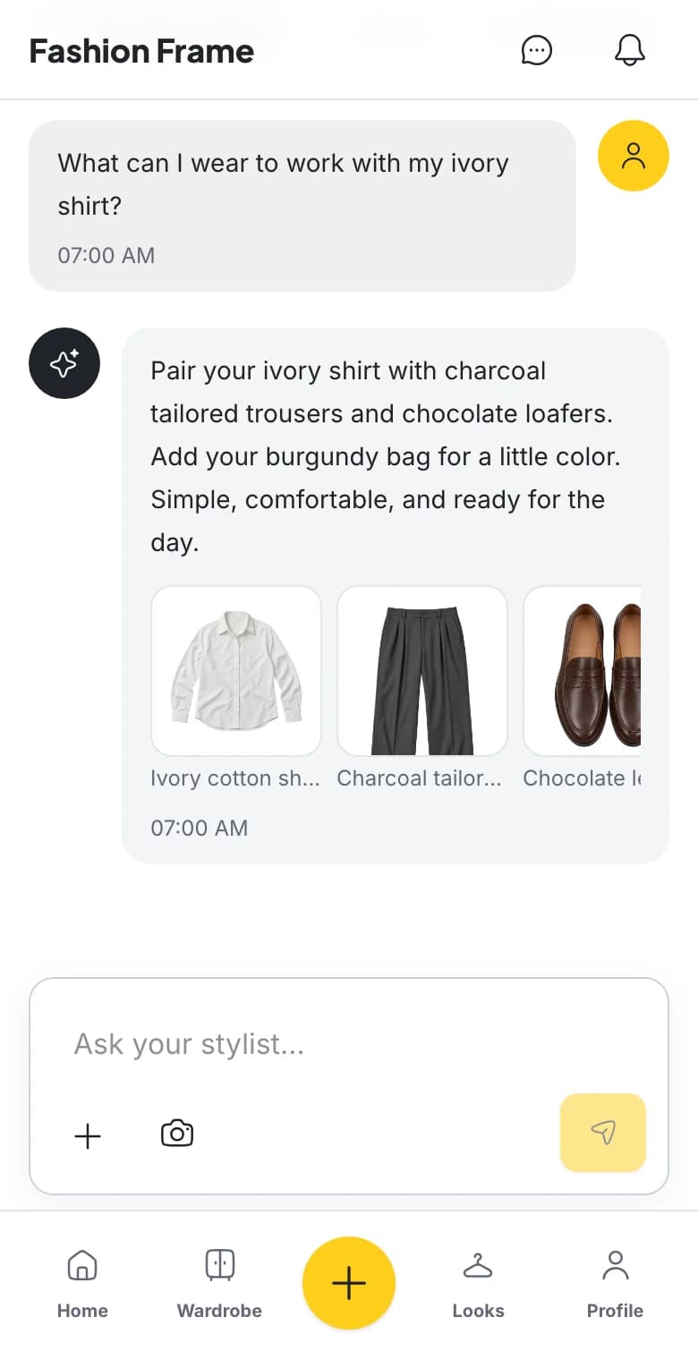 Fashion Frame Chat answering a question about an ivory shirt with wardrobe item references