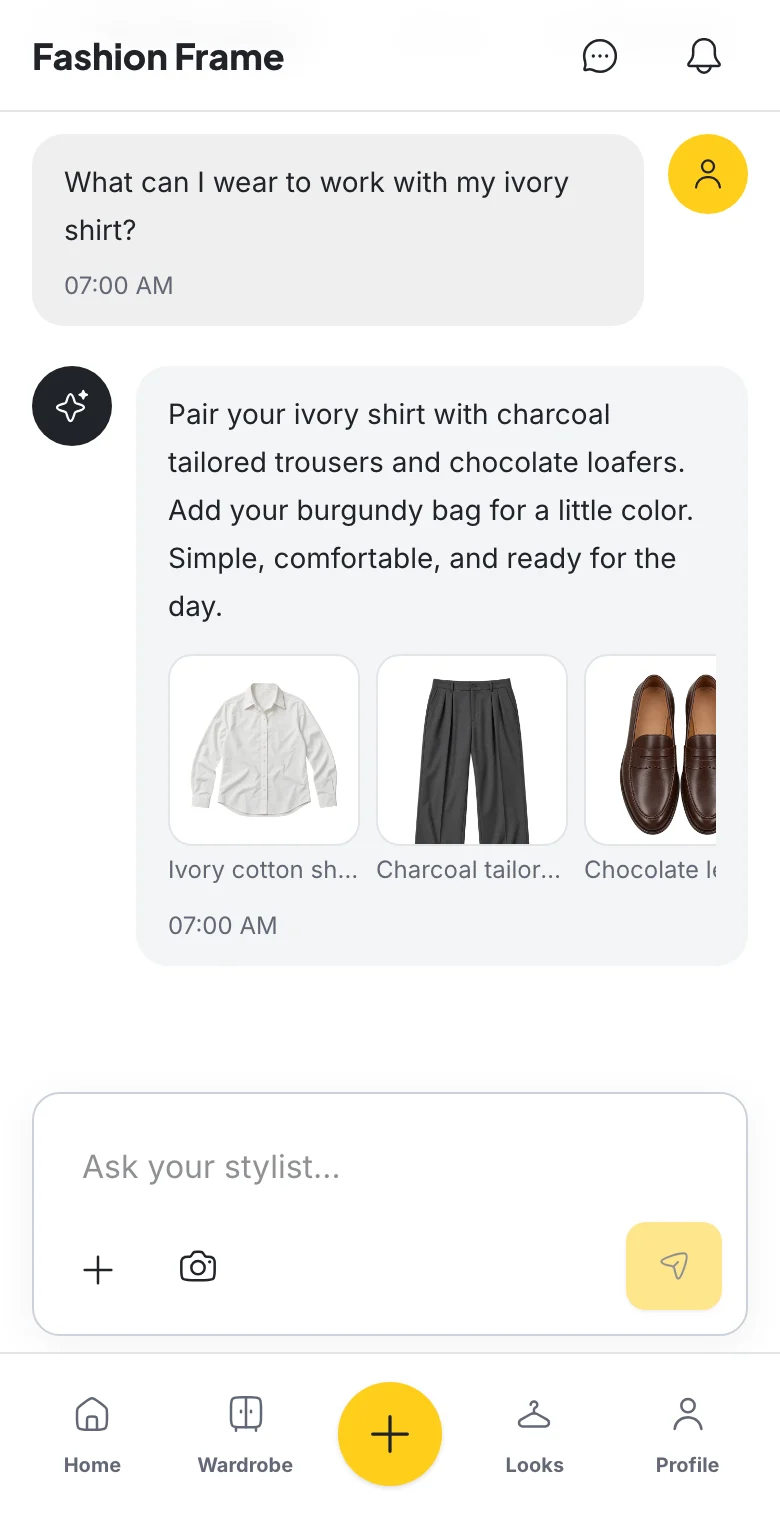 Chat showing a question about an ivory shirt and an answer referring to wardrobe pieces