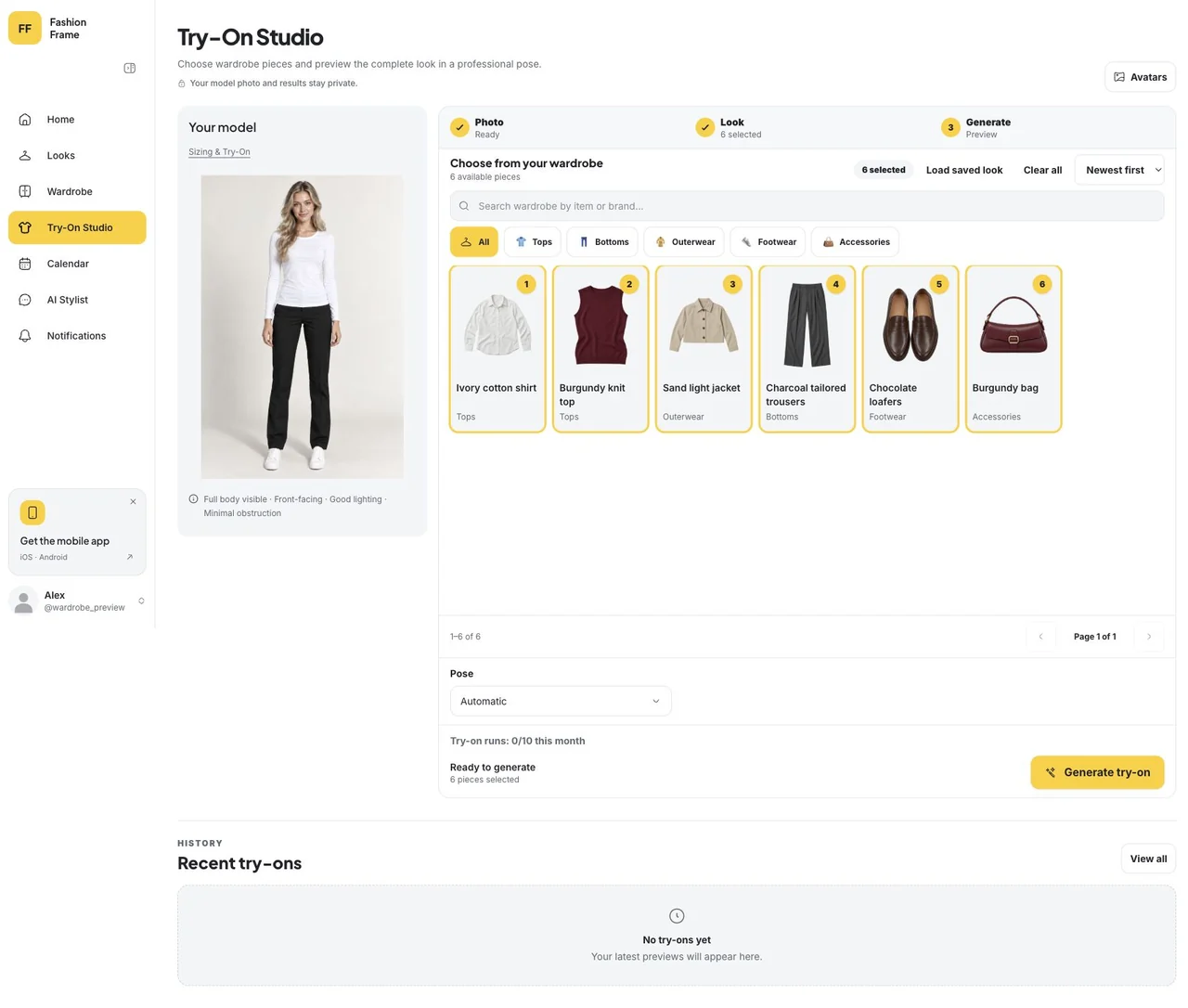 Try-On Studio with a full-body photo and six selected garment reference images above Generate try-on