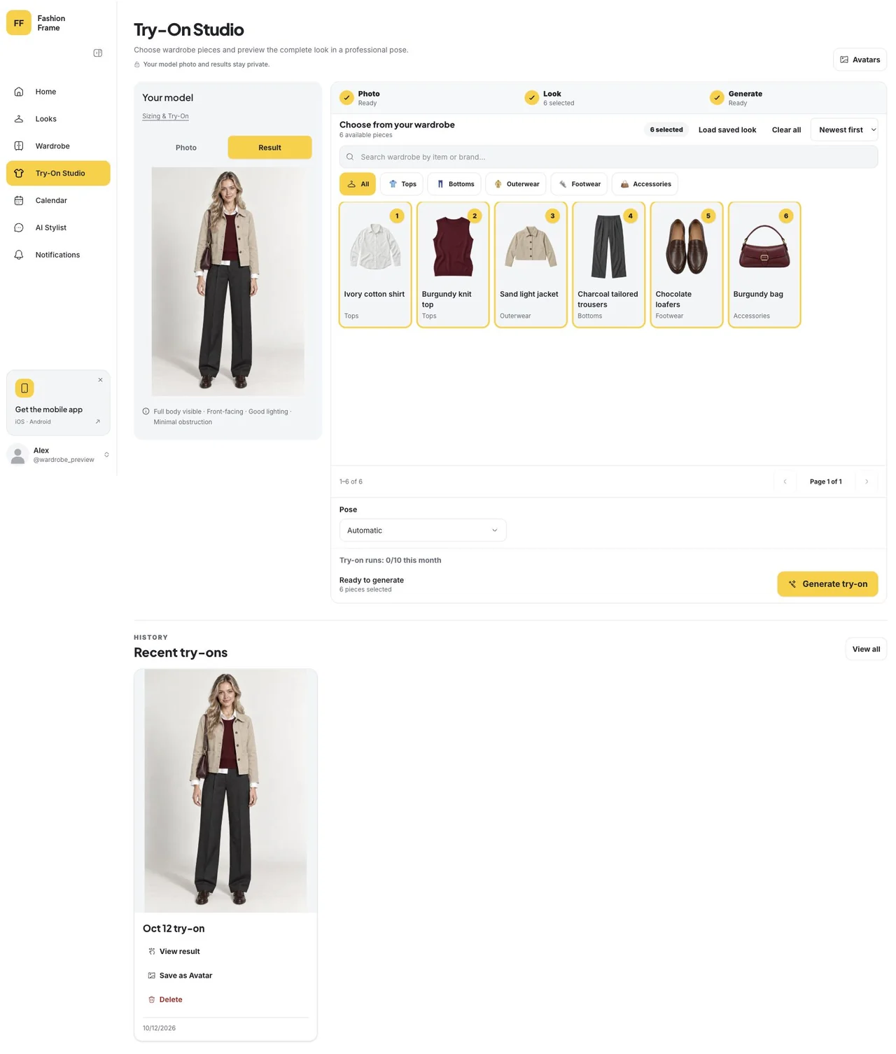 Try-On Studio with Result selected, the outfit image, the original garment references and Save as Avatar in recent try-ons